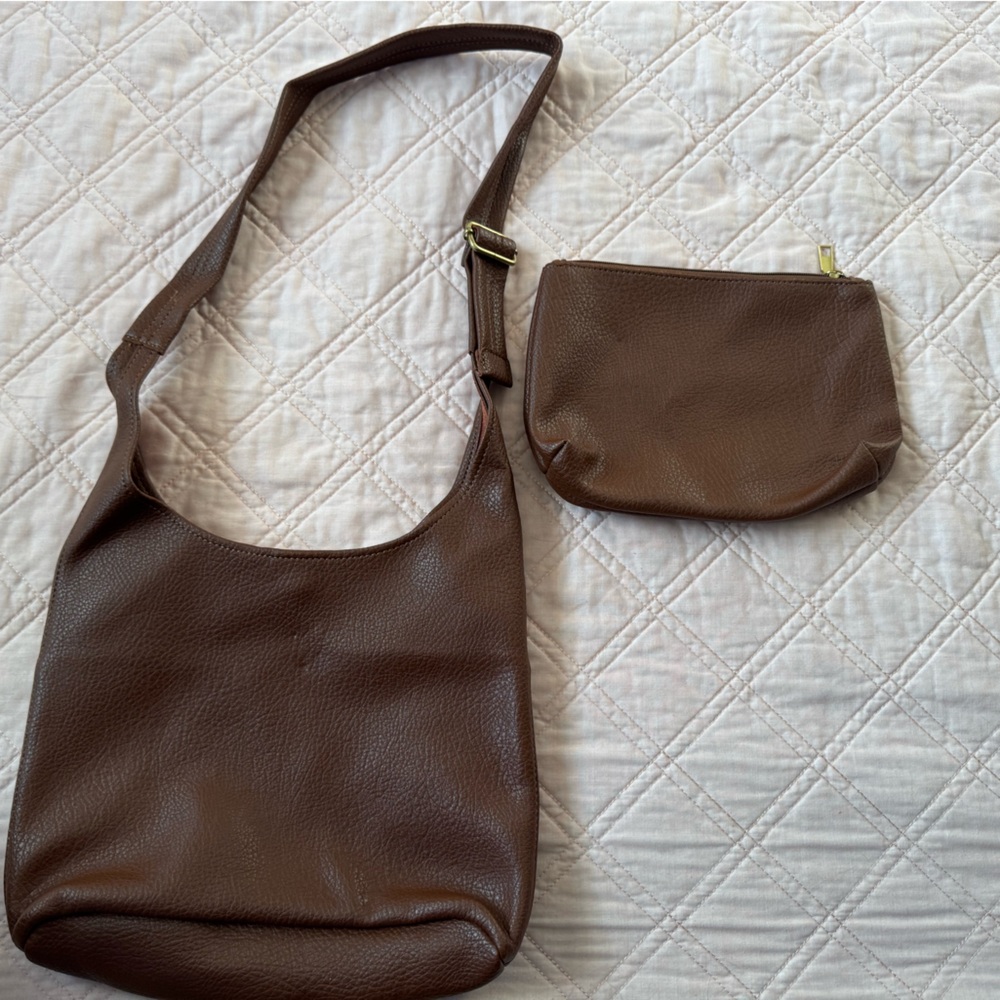 Brown Genuine Leather Shoulder Bag and Pouch Set